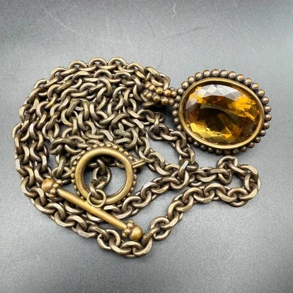 Stephen Dweck 1994 Vintage Bronze Toggle Necklace Citrine Pendant 32" Chain Sign - Picture 8 of 8